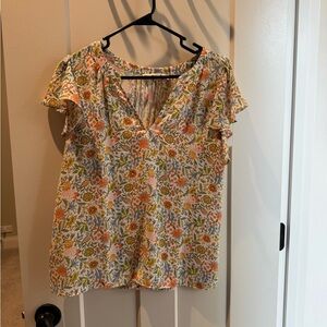LOFT Floral V-Neck Flutter Sleeve Top in Multi-Color